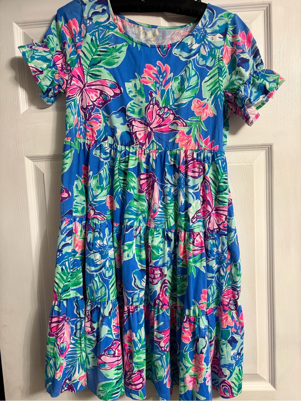 Lilly Pulitzer Blue Tropical Butterfly Print Tiered Dress